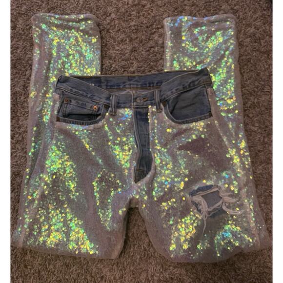 LEVI’S Women’s 501 Jeans Ripped Iridescent Pink Sequins Size W30/L30 Vintage - Picture 10 of 11